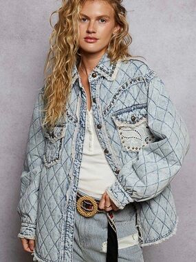 POL Quilted Light Blue Denim Jacket with Stud Accents